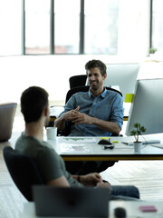 Relax, friends and communication with businessman in office for teamwork, collaboration and...