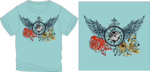 WINGS FLOWER LION CLOCK t-shirt graphic design vector illustration
