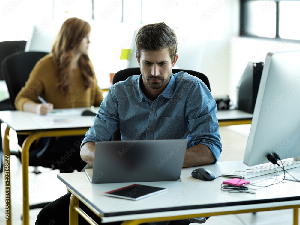 Poster business man, laptop and serious web designer planning website layout in office. content management,