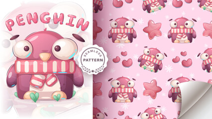 Seamless pattern cartoon character adorable penguin, pretty animal idea for print t-shirt, poster and kids envelope, postcard. Cute hand drawn style bird
