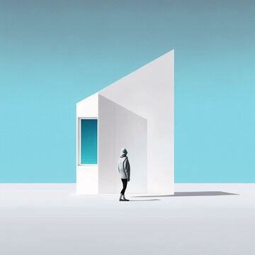 A person with a surreal and minimalist background