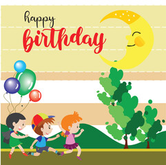 Obraz na płótnie Canvas Happy birthday greeting cards, invitations for birthday with cartoon character and blank space area, and icon birthday. Colorful background and landscape background 