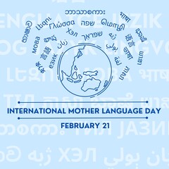 Graphic illustration of a banner with the text international mother language day in dark blue with light blue background with an earth icon surrounded by the word language in different language script