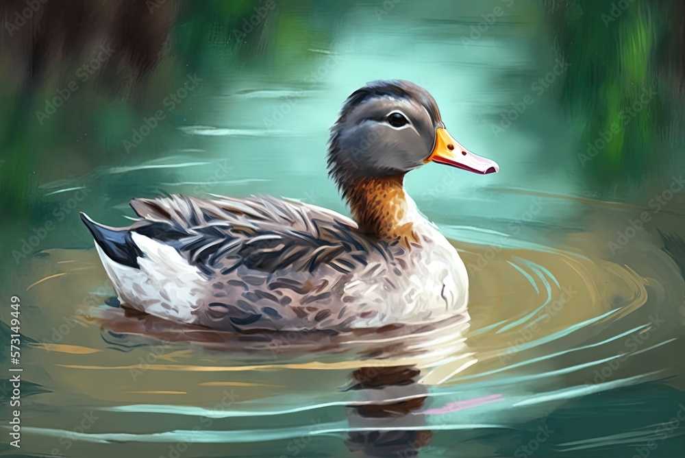 Poster zooming in on the duck as it swims in the pond generative ai