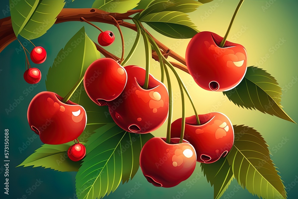 Poster red cherries up close on a tree in a vertical composition generative ai