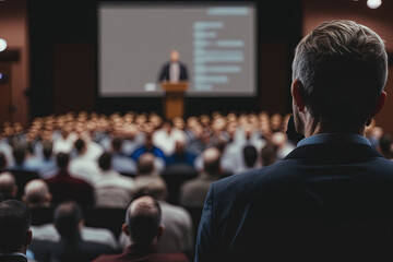 The Power of Oratory: A Rear View of a Spectator and Audience at a Conference. Generative AI.