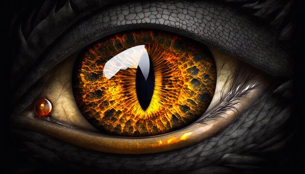 Dragon eye in close-up. Dark background. Fantasy monster looking. Realistic dinosaur eye. Macro shot of a predatory magical animal. Image AI generated.