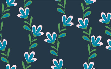 Seamless floral pattern based on traditional folk art ornaments. Colorful flowers on color background. Scandinavian style. Sweden nordic style. Vector illustration. Simple minimalistic pattern