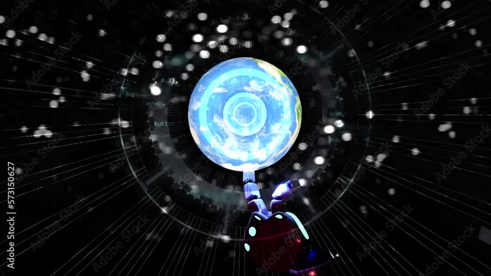Wall mural glowing spinning earth globe on robot finger with stars on background and hud interface ai style cir