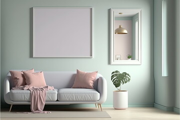 blank photo frame in kitchen minimalist design,pastel colour palette, Made by AI,Artificial intelligence