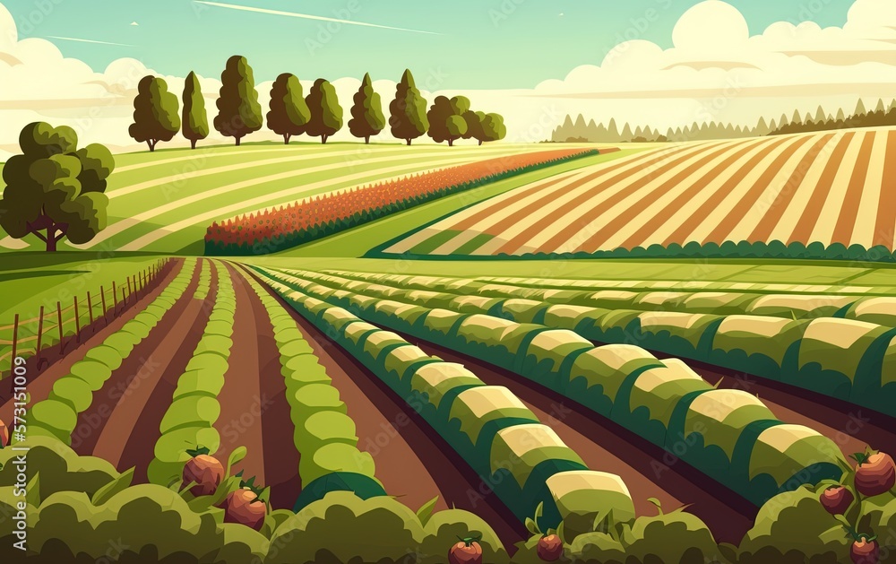 Poster a field with neat rows of crops generative ai