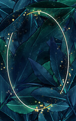 leaf background Gold frame and bokeh. Fantasy leaves 3d illustration