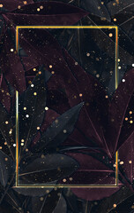 leaf background Gold frame and bokeh. Fantasy leaves 3d illustration