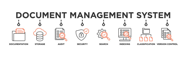 Document management system banner web icon vector illustration concept with icon of file, cloud storage, audit, security, search, indexing, classification, version control 