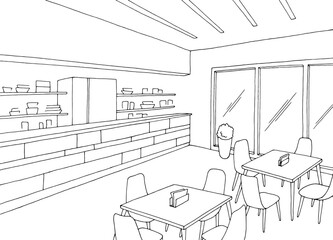 Cafe interior fast food court graphic black white sketch illustration vector 
