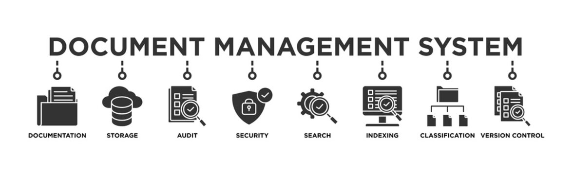 Document Management System Banner Web Icon Vector Illustration Concept With Icon Of File, Cloud Storage, Audit, Security, Search, Indexing, Classification, Version Control 