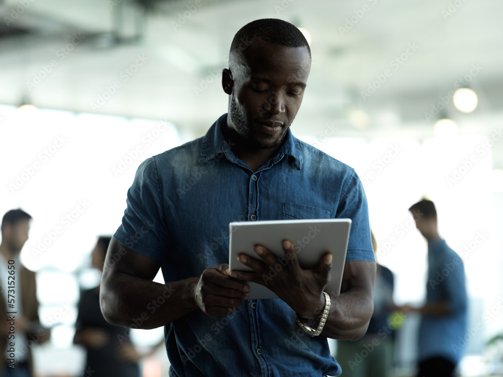 Aufkleber business, internet and black man with tablet reading email, sales or social media on web. research, 