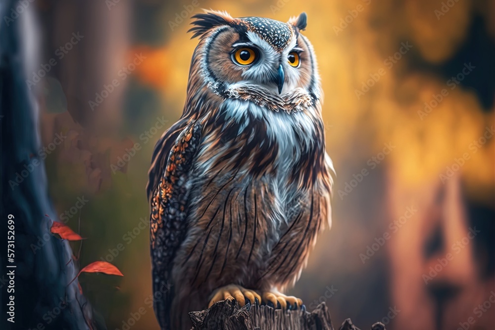 Poster zoomed-out, vertical, zoo owl image with a hazy backdrop generative ai