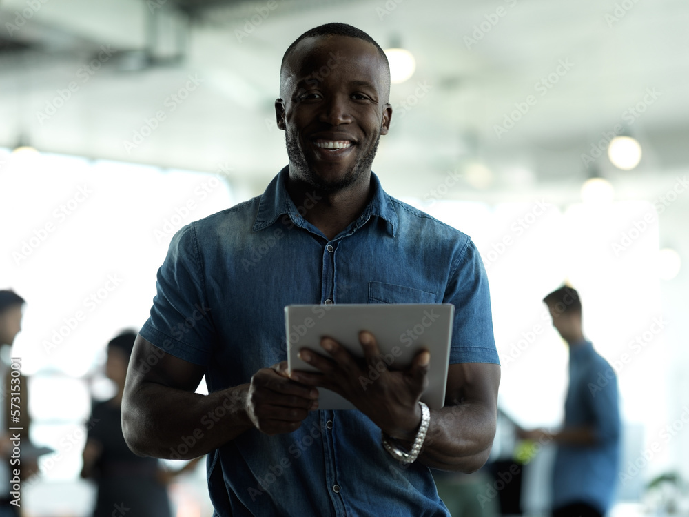 Aufkleber technology, business and portrait of black man with smile, vision and tablet for email, sales or web
