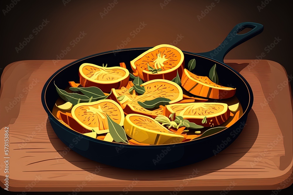 Poster a closeup of sliced squash in a pan on a wooden table with a brown backdrop generative ai