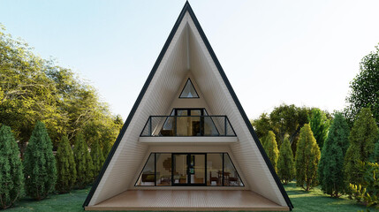 Triangular frame house wooden with two-story. High quality render. 3d modeling. construction of prefabricated modern houses. Sun summer weather.