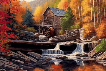 Painting illustration of Glade creek grist mill in autumn time, AI-generated image. - obrazy, fototapety, plakaty