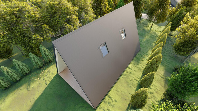 Triangular frame house wooden with two-story. High quality render. 3d modeling. construction of prefabricated modern houses. Sun summer weather.