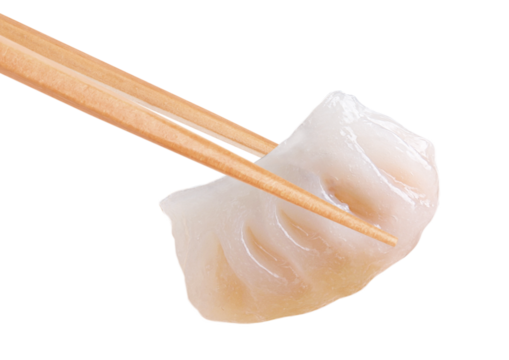 Chopsticks holding a shrimp dumpling or ha gow isolated. PNG transparency
