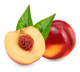 Nectarine with green leaves isolated on white background. clipping path