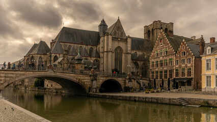 Belgian architecture at night in Gent, Belgium in January 2023