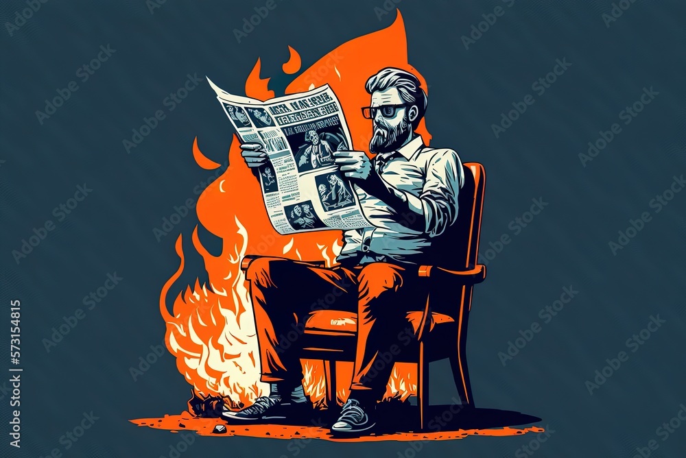 Poster conceptual vertical shot of a man sitting in a chair and reading a burning newspaper to illustrate t