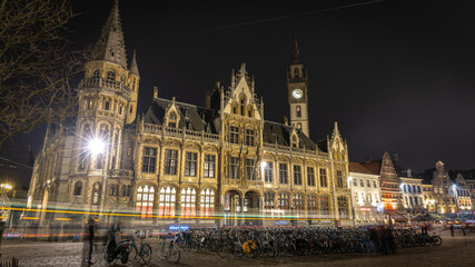 Fototapeta na wymiar Beautiful Belgian architecture at night in Gent, Belgium in January 2023