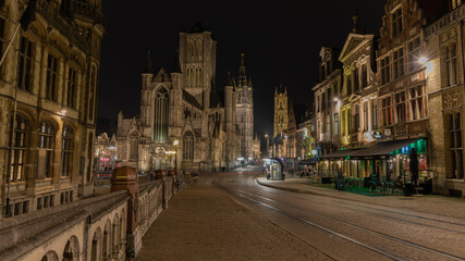 Beautiful Belgian architecture at night in Gent, Belgium in January 2023