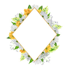 Hand-drawn watercolor composition. Rhomb frame with chrysanthemum flowers. An illustration for printing design, textile, scrapbooking. Isolated on white.	