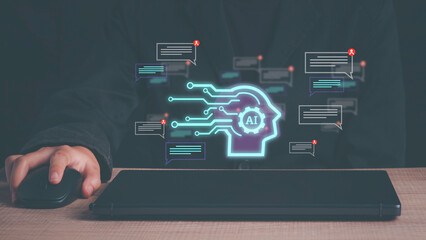 Chatbot Artificial Intelligence  conversation. Man using technology smart AI robot get support by...