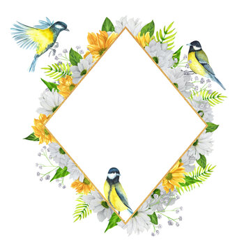 recommend clip art: Hand-drawn watercolor composition. Rhomb frame with chrysanthemum flowers and titmouse birds. An illustration for printing design, textile, scrapbooking. Isolated on white.	