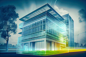 Exterior image of a new luxurious modern building, eco friendly living concept house. Green energy house/home. Real estate and ecology concept. Generative AI technology