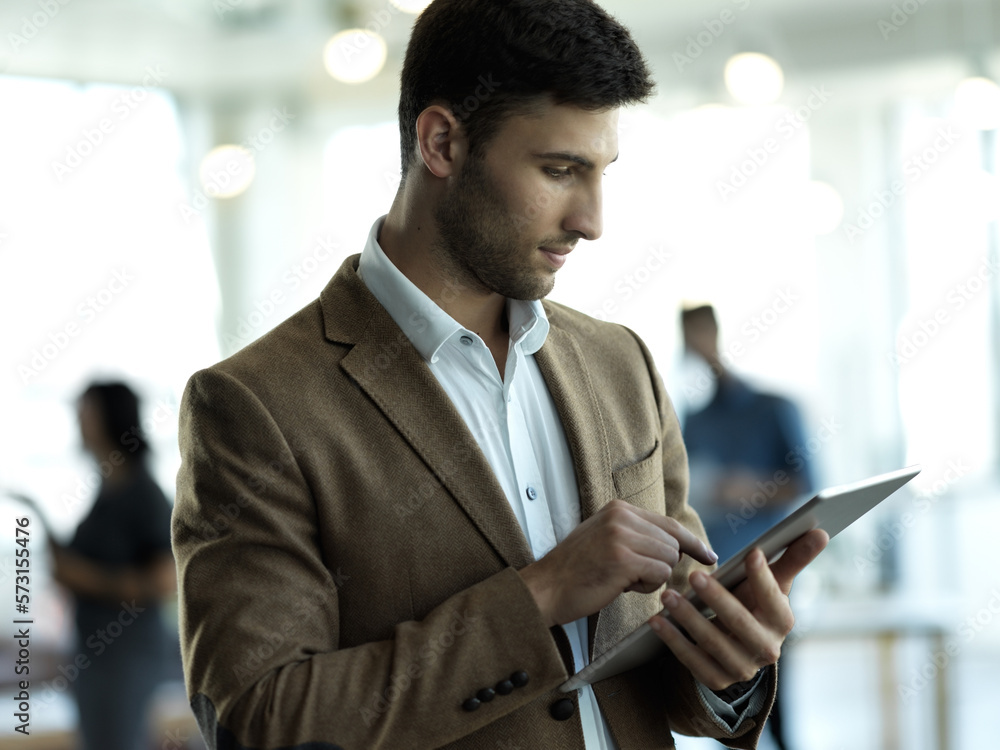 Poster Technology, business and man with tablet reading email, sales report or global networking. Research, leadership and company ceo networking with online communication in management at startup office.