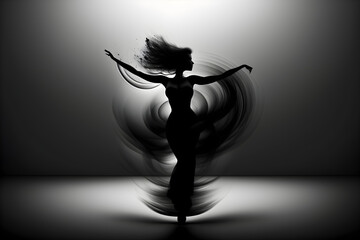 dancer girl perform a balance movement on a dark background, cool dance around music, generative ai