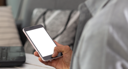 smartphone with transparent screen and man hand holding and using,PNG file design on smartphone