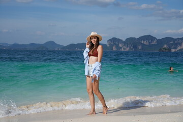 woman on the beach in krabi thailand, poda island, model shooting