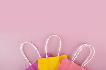 supermarket background, shopping bags, shop package, gift bag, sale and discount, copy space, top view