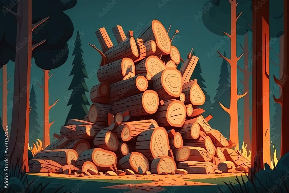 Poster extremely tall image of a large stack of firewood in its natural setting generative ai