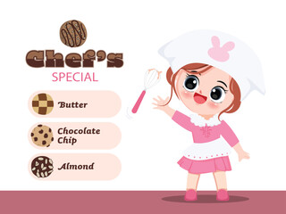 Cartoon hand drawn character cute chef in bakery shop. Cute chef with cookie dark chocolate and pink logo background. Character cartoon vector illustration design.