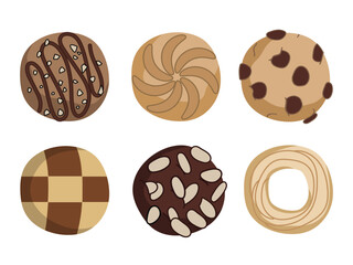 Cookies biscuits chocolate chip set style cartoon vector illustration design.