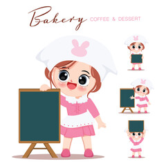 Cartoon hand drawn character cute chef in bakery shop. Character cartoon vector illustration design.