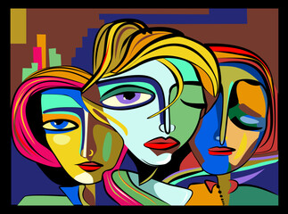 Fototapeta na wymiar Colorful abstract background, cubism art style, 3 faces