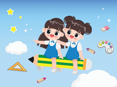 Cute cartoon happy children in asian student uniform. Character people vector illustration drawing.