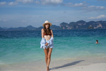 woman on the beach in krabi thailand, poda island, model shooting