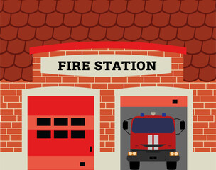 Fire station vector illustration. Fire truck drawing.